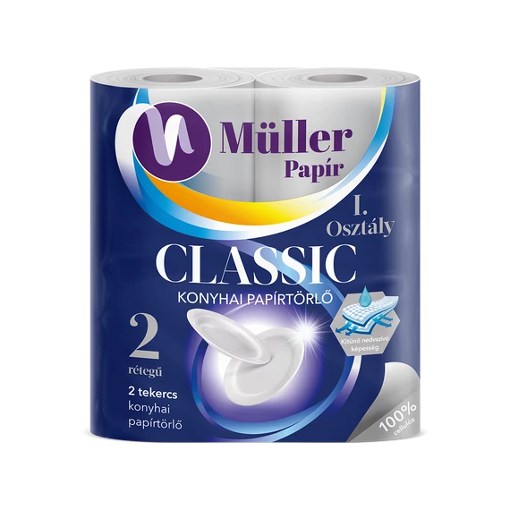 Müller Classic Kéztörlő 2 Tekercses 2 Rétegű 2 x 50 Lap Cellulóz, Felezhető